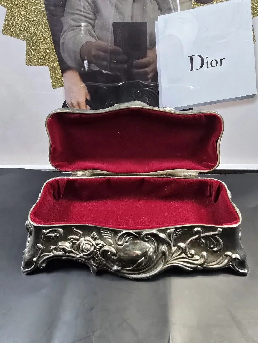 Vintage Art Nouveau Rose Silver Plated Jewelry Casket
